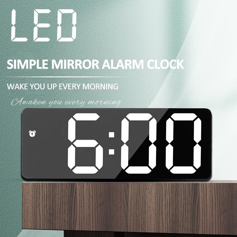 LED Mirror Screen Alarm Clock Creative Digital Clock Voice Control Snooze Time Date Temperature Display Rectangle/Round Style