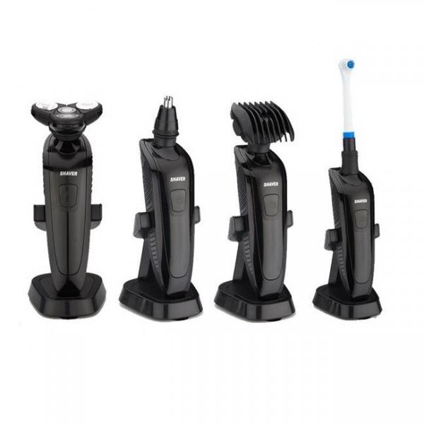 LKELEC LK-8868 4-in-1 4D IPX7 Washable Electric Shaver Razor + Nose Trimmer +Hair Temple Cutter + Toothbrushes Black