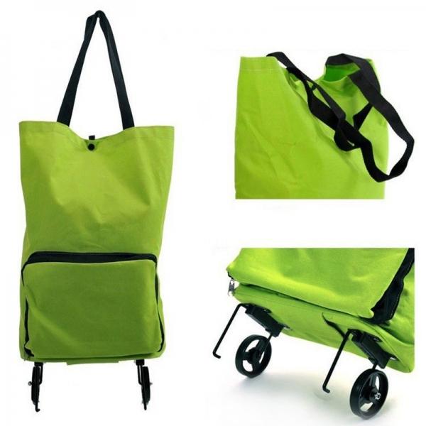Large Capacity Convenient Dual Wheels Reusable Shopping Bag Oxford Cloth Rolling Travel Bag Green
