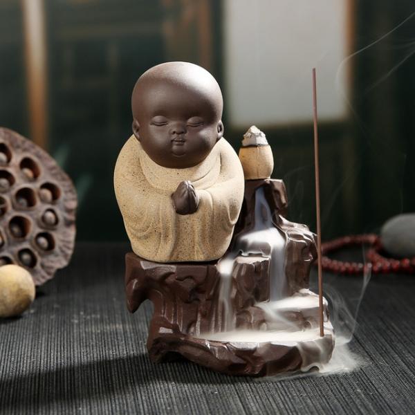 Little Monk Censer Small Buddha Backflow Incense Burner Holder for Reduce Stress / Sit-in / Meditation / Yoga - Khaki