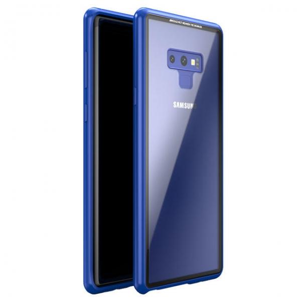 Magnetic Adsorption Aluminum Tempered Glass Protective Case for Samsung Galaxy Note 9 - Clear Blue