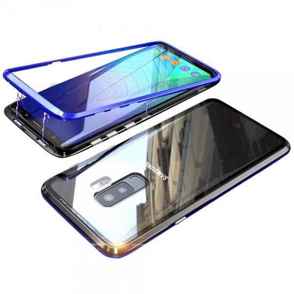 Magnetic Adsorption Metal Clear Glass Protective Case for Samsung Galaxy S9 - Black Blue