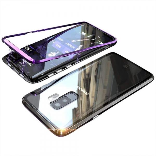 Magnetic Adsorption Metal Clear Glass Protective Case for Samsung Galaxy S9 - Black Purple