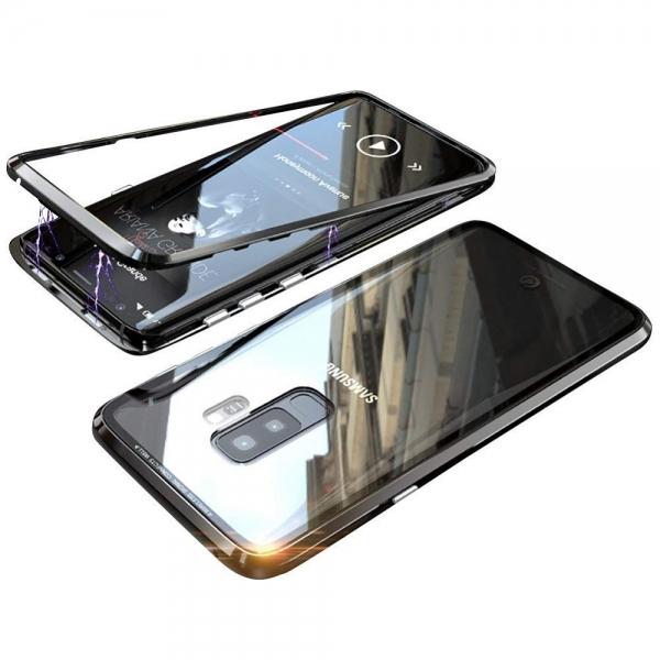 Magnetic Adsorption Metal Clear Glass Protective Case for Samsung Galaxy S9 Plus - Full Black