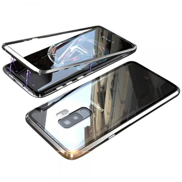 Magnetic Adsorption Metal Clear Glass Protective Case for Samsung Galaxy S9 Plus - Full Silver