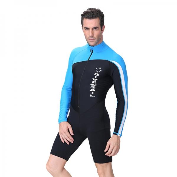 Men One Piece Long Sleeve Wetsuit Neoprene UV Protection Diving Suits Trunks Shorts Swimsuits - Blue M