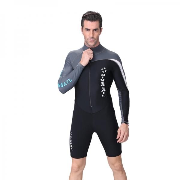 Men One Piece Long Sleeve Wetsuit Neoprene UV Protection Diving Suits Trunks Shorts Swimsuits - Gray L