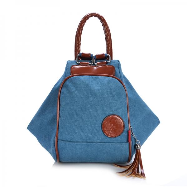 Multi Functional Women's Canvas Tassel Backpack Handbags Shoulder Bag - Blue