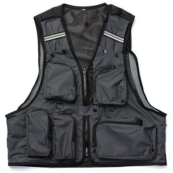 Multi Pockets Fishing Hunting Mesh Vest Mens Outdoor Leisure Jacket Black L