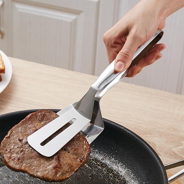 Multi-function Food-grade Stainless Steel BBQ Tongs Barbecue Bread Beef Steak Turner with Clamp Clip Silver