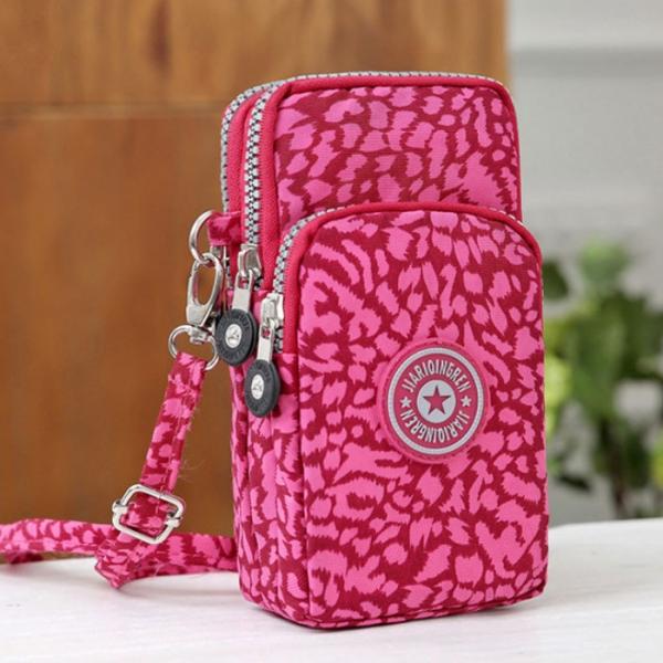 Multifunctional Three Layers Storage Bag Phone Bag Handbag Wrist Bag Rose Red Leopard