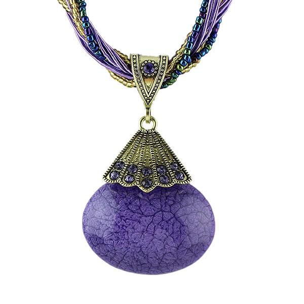 Nation Taste Multi-layer Chain Oval Gemstone Pendant Alloy Necklace Purple