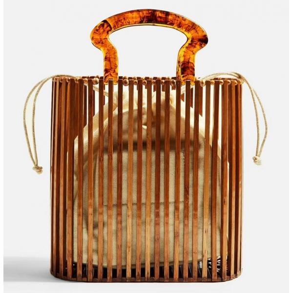 New Fashion Designer Acrylic Handle Woven Bamboo Bag Stitching Hollow Handbag Tote - stringsmall