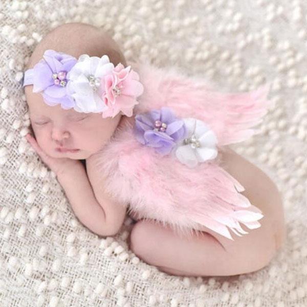 Newborn Photography Costume Props Baby Boys Girls Angel Wings + Headband Set Pink