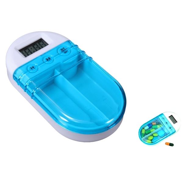 Outdoor Travel Electronic Pill Box Holder Medicine Storage Container Case Portable Alarm Clock Blue & White