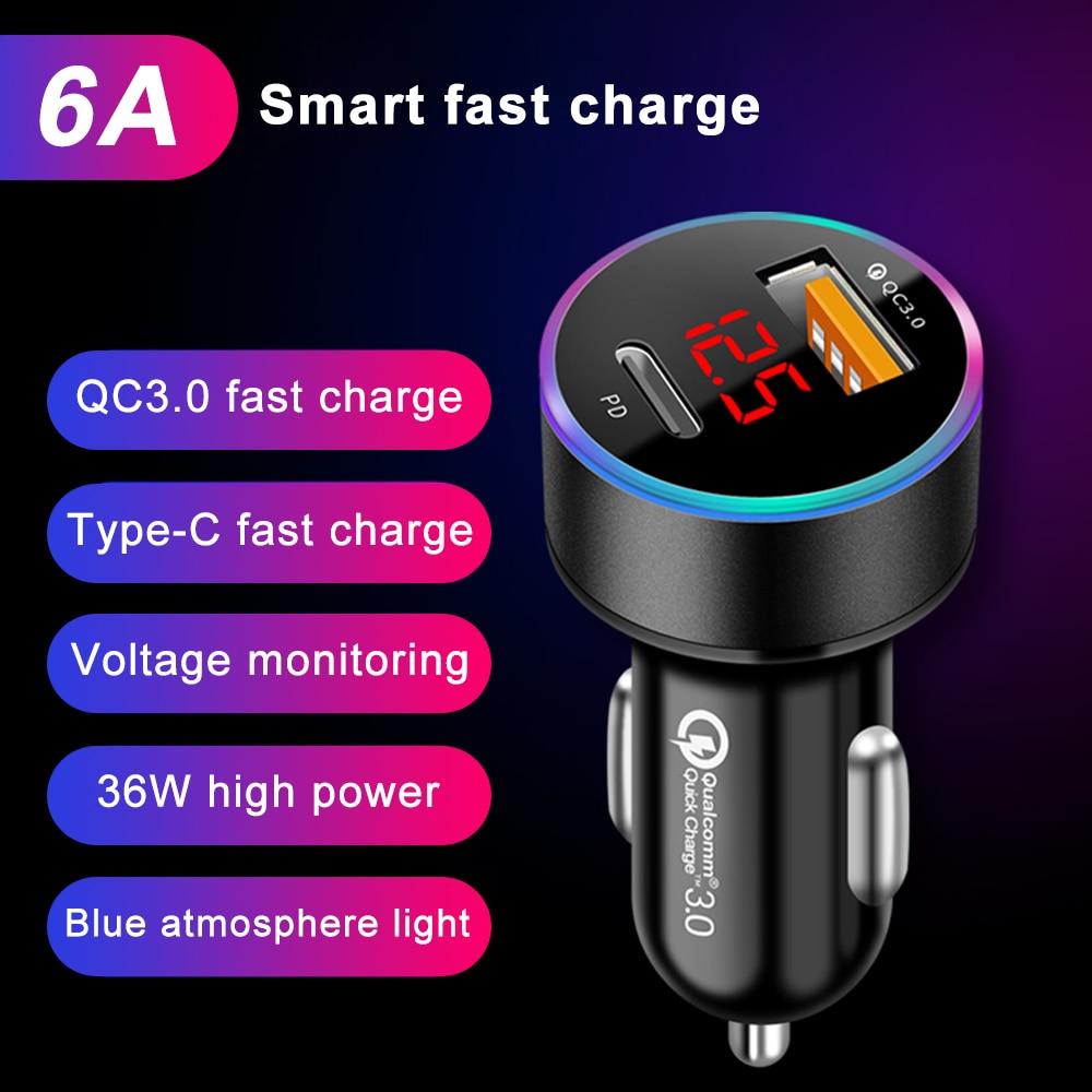 PD USB Car Charger USB LCD Display Mini Quick Charge 3.0 6A 36W QC3.0 Fast Charger For iPhone 12 Huawei Xiaomi Type C Phone