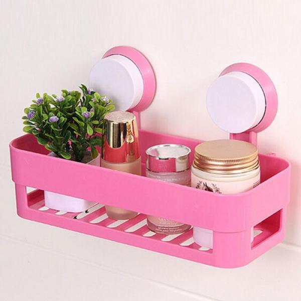 Bathroom Plastic Suction Cup Shelf Wall Hanging Basket - Pink