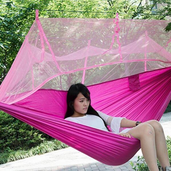 250 x 130cm Portable 1-Person Hammock with Anti-Mosquito Net Pink