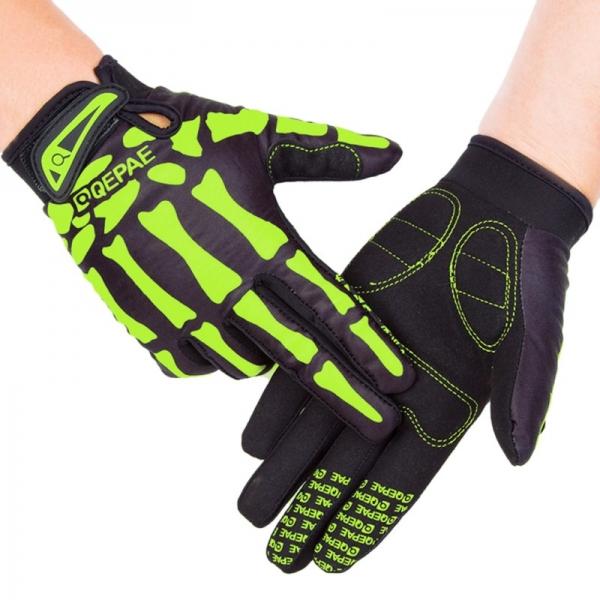 QEPAE 1 Pair Skeleton Bone Pattern Full Finger Cycling Gloves Durable Anti-slip Bike Gloves - Green XL