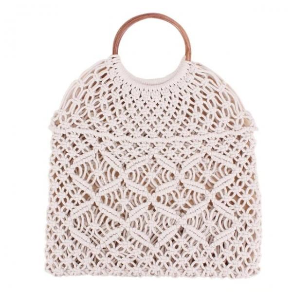 Rattan Cotton Hollow Straw Without Lining Retro Net Bag Beach Shoulder Bag - White - stringsmall