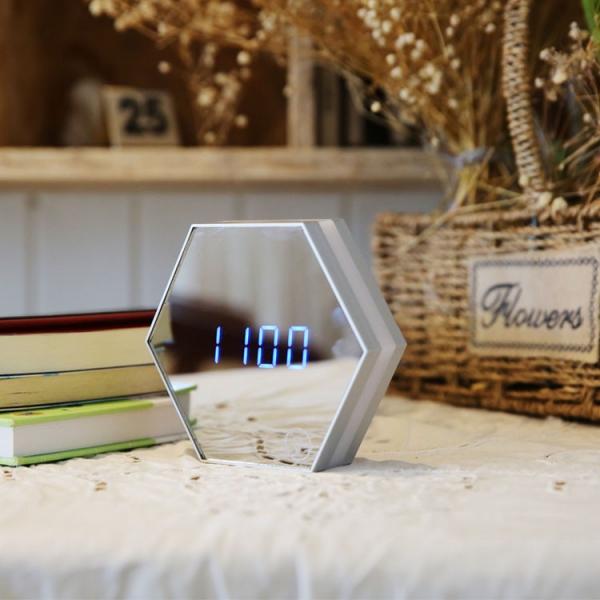Rechargeable USB Glass Makeup Mirror Alert Clock LED Night-light,White