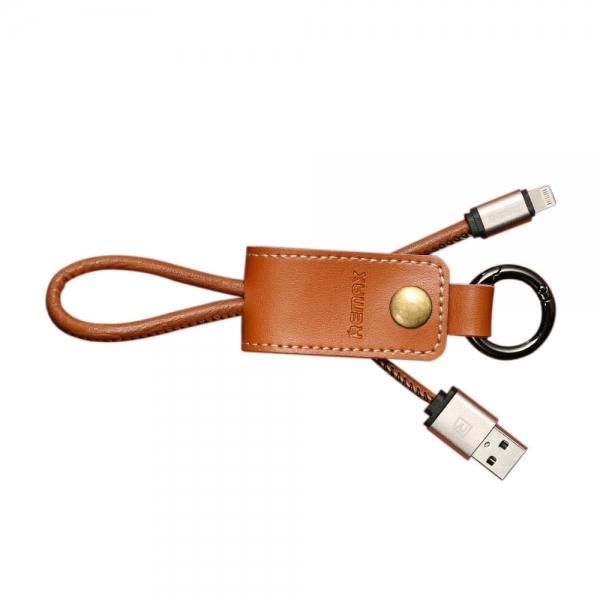 Remax 32cm Leather 8-Pin 3.0A USB Fast Charger Data Cable Keychain Brown