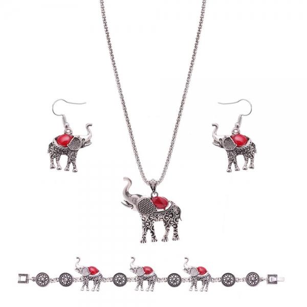 Retro Jewelry Set Elephant Turquoise Earrings Necklace Bracelet Kit - Red