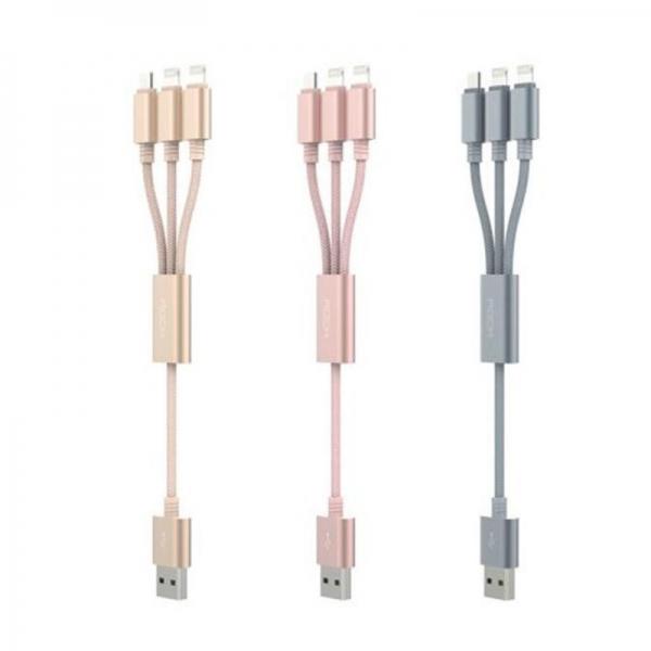 Rock RCB0436 3 in 1 Universal 1.2m Charging Cable Micro USB Connector Dual 8 Pin Adapters Nylon Braided Cord
