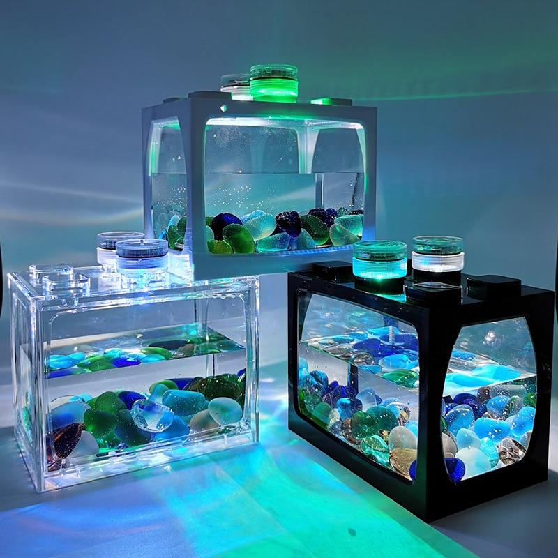 Small Fish Tank Small Desktop Creative Ecological Pot Micro Landscape Betta Tank Mini Tropical Fish Aquarium with LED Light