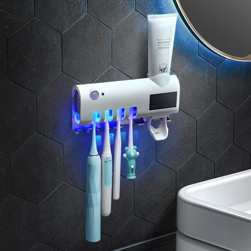 Solar Energy UV Toothbrush Holder No Need To Charge Brush Cleaning Storage Rack Bathroom Toothpaste Dispenser Toothbrush Holder