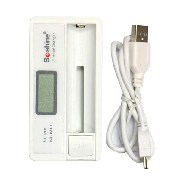 Soshine LCD Display Battery Charger with USB Cable for Li-ion 18650 14500 16340 Batteries White
