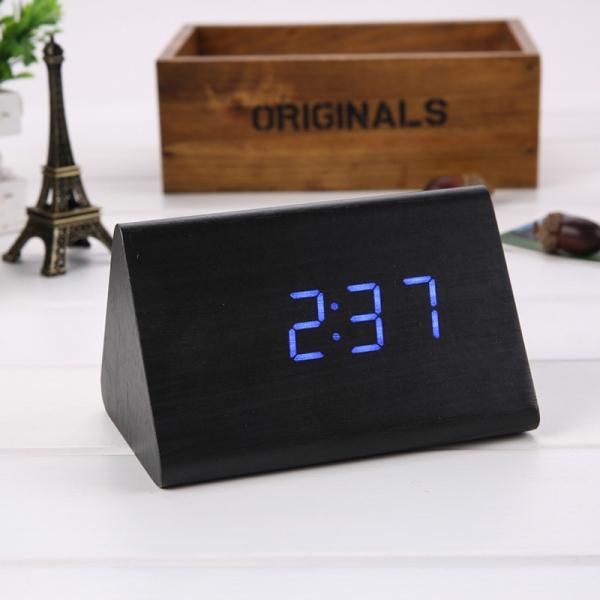 Sound Control Triangle Wooden LED Alarm Clock Digital Thermometer Calendar Black Wood & Blue Light