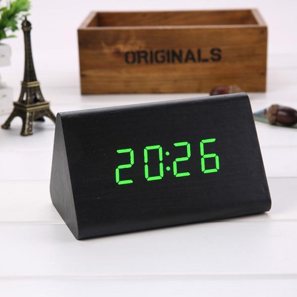 Sound Control Triangle Wooden LED Alarm Clock Digital Thermometer Calendar Black Wood & Green Light