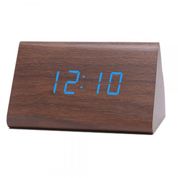 Sound Control Triangle Wooden LED Alarm Clock Digital Thermometer Calendar Brown Wood & Blue Light