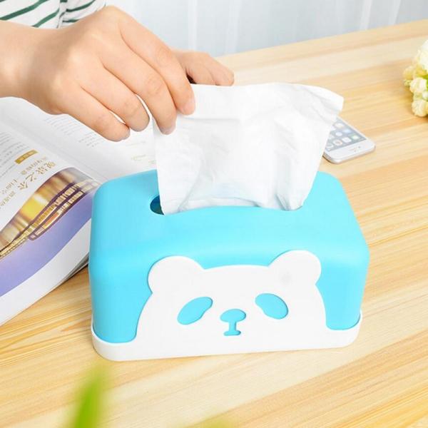 Square Colorful Cartoon Panda Tissue Holders Decorative Plastic Tissue Box Blue