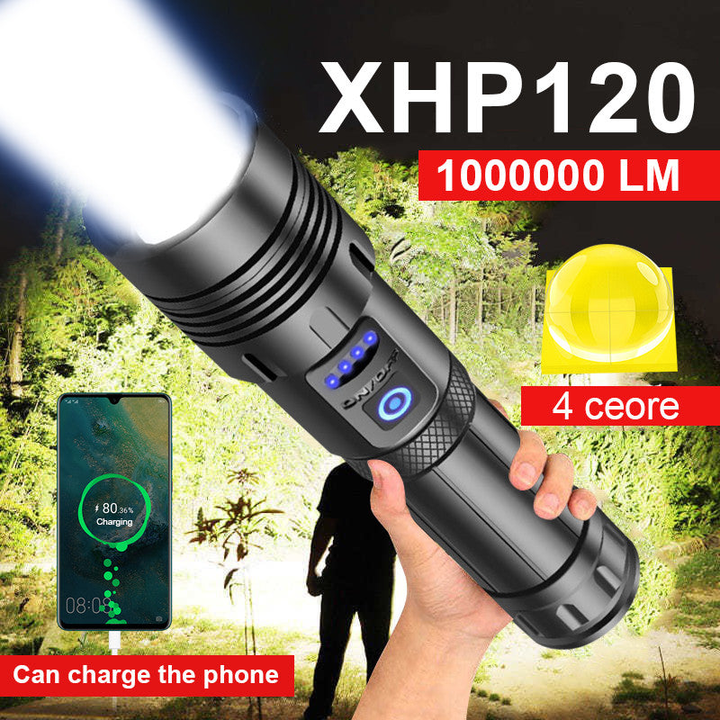 Super Zoom XHP120 Powerful LED Torch 4 CORE 100000 Lumens High Power Torch with 26650 Rechargeable Battery with Mobile Power Function