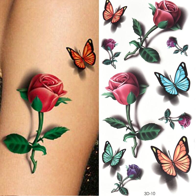 Temporary Tattoos Sticker for Women Body Art Tattoo Sticker 3D Butterfly Rose Flower Feather Tattoo Waterproof