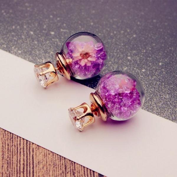 Trendy Colorful Rhinestone Glass Ball Flower Round Earrings Purple