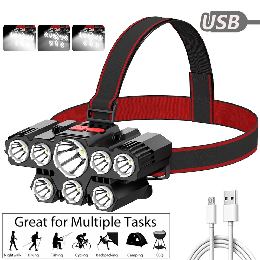 Ultra bright 8 Led/6 Led Headlamp USB Rechargeable Headlight Waterproof Headlamp Head Torch Lantern with Built In Battery Fshing Light