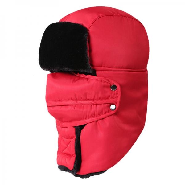 Unisex Winter Outdoor Russian Faux Fur Pilot Trapper Bomber Cap Ear Protective Hat With Mouth Mask Red