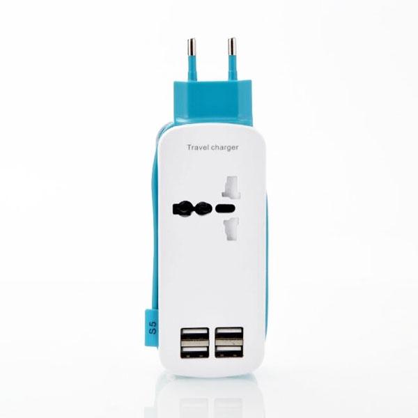 Universal 4 USB Ports 4A International Socket Travel Charger Socket EU Plug Blue