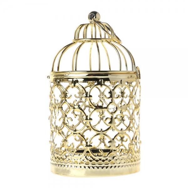 Vintage Hollow Birdcage Shaped Candle Holder Hanging Candlestick Decorative Tealight Lantern - Style A Gold