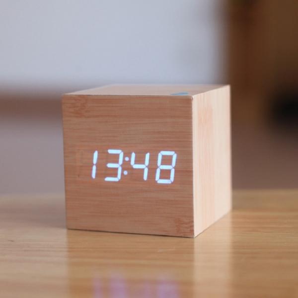 Voice Control Cube Digital Alarm Clock w/ Thermometer Calendar Burlywood & Blue LED