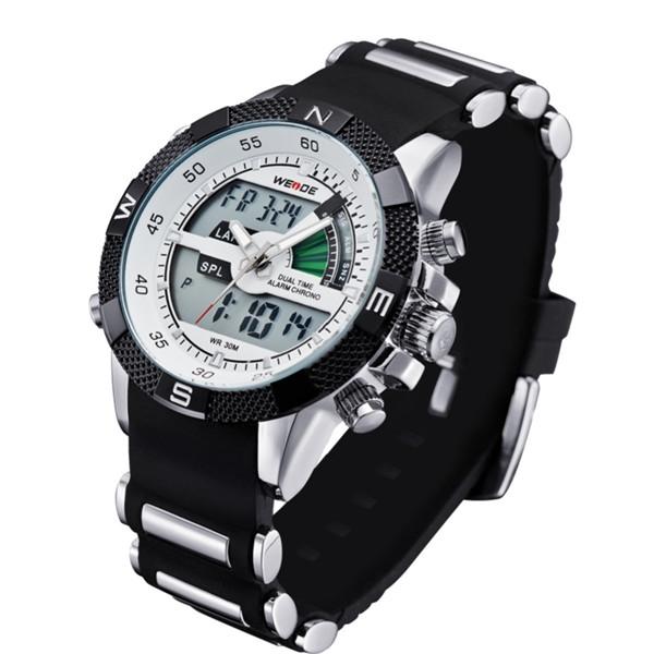 WEIDE Men Sports Watch 30m Waterproof Silicone Strap Analog Digital Men Quartz Wrist Watch White Dial
