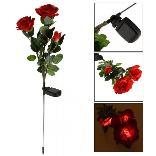 Waterproof Solar Power 3-Flower Rose Shaped LED Light Green & Red