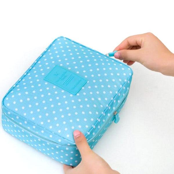 Waterproof Wave Point Pattern Nylon Zipper Women Makeup Cosmetic Bag Case Toiletry Storage Travel Wash Pouch Blue