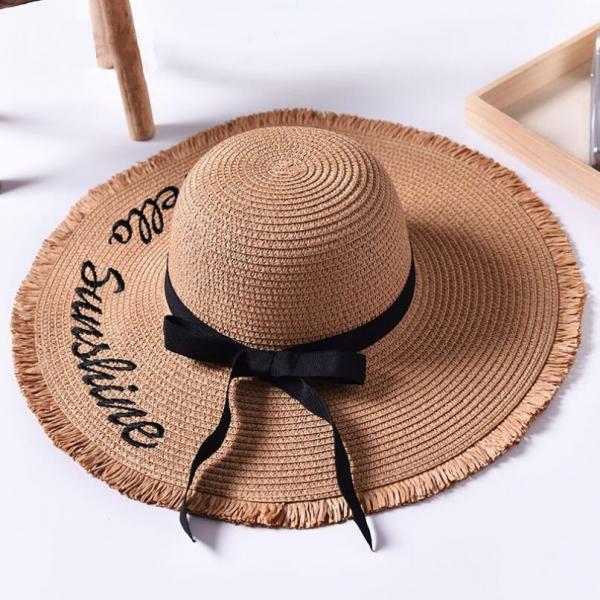 Women's Letter Embroidery Wide Brim Straw Sun Hat with Ribbon Lace - stringsmall