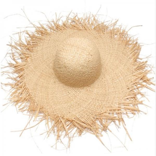 Women's Natural Raffia Straw Circle Fringe Wide Brim Summer Beach Cap - stringsmall