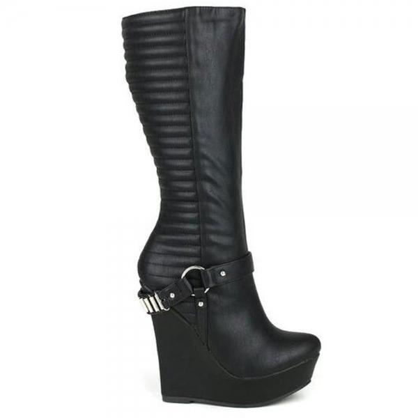 High Wedge Heel Suede Leather Upper Women's Knee High Boots Black 38#
