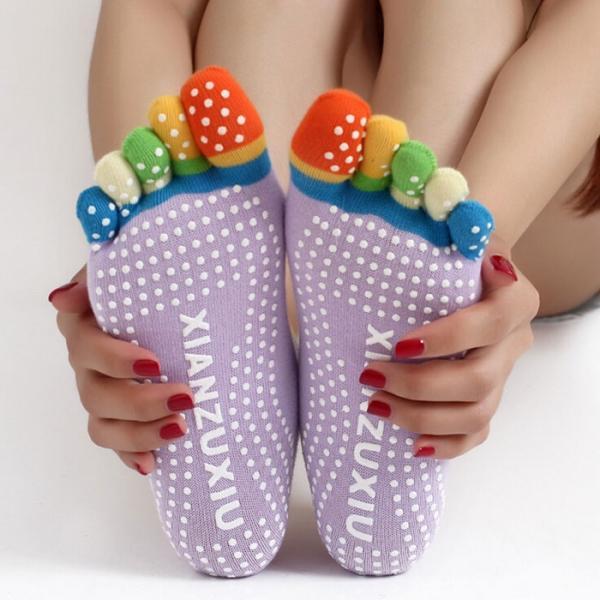 Yoga Practice Five-toes Anti-slip Granules Cotton Socks - Light Purple - stringsmall